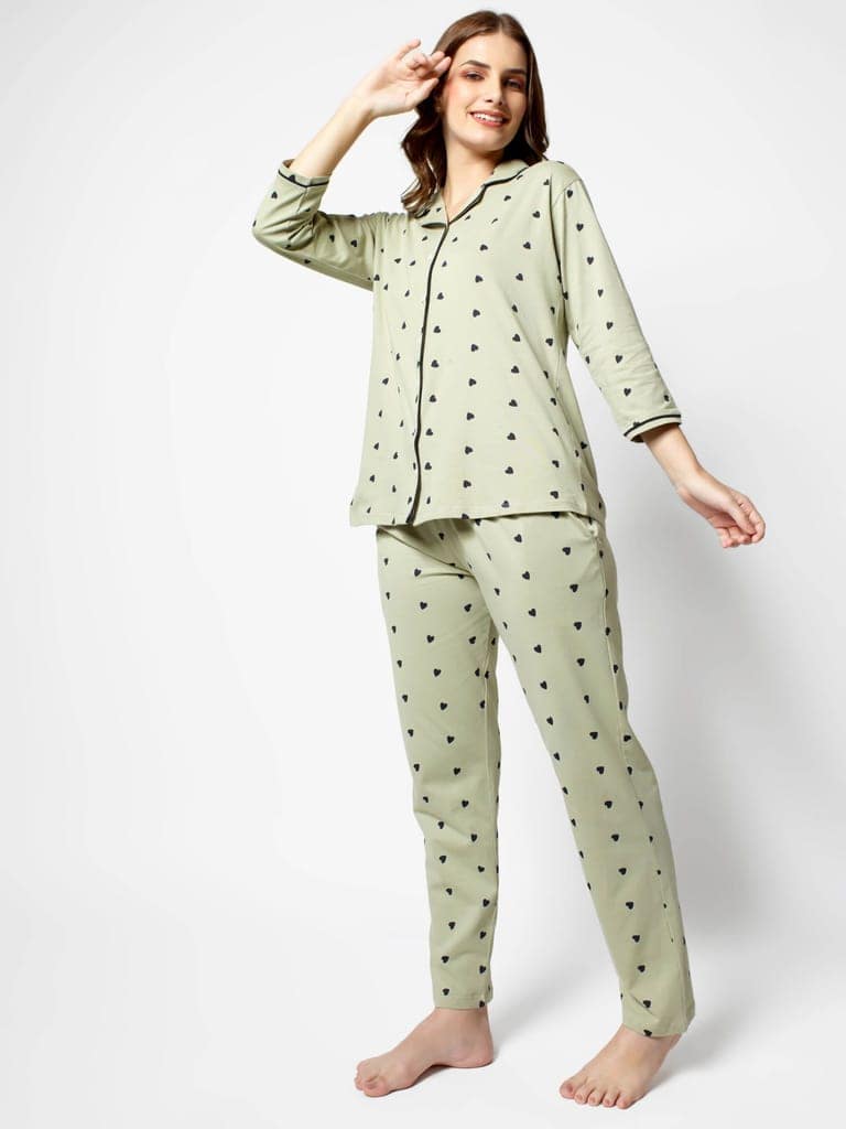 Zeyo Women Green Heart print Stylish Night suit set view 3
