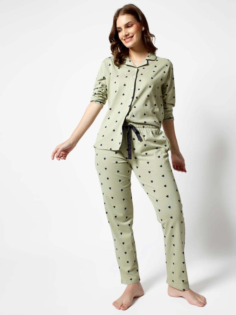 Zeyo Women Green Heart print Stylish Night suit set view 5
