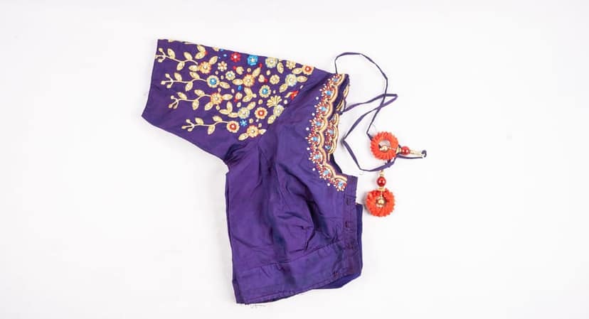 Embroidered Purple Silk Saree Blouse with Zari and Stone Work view 2