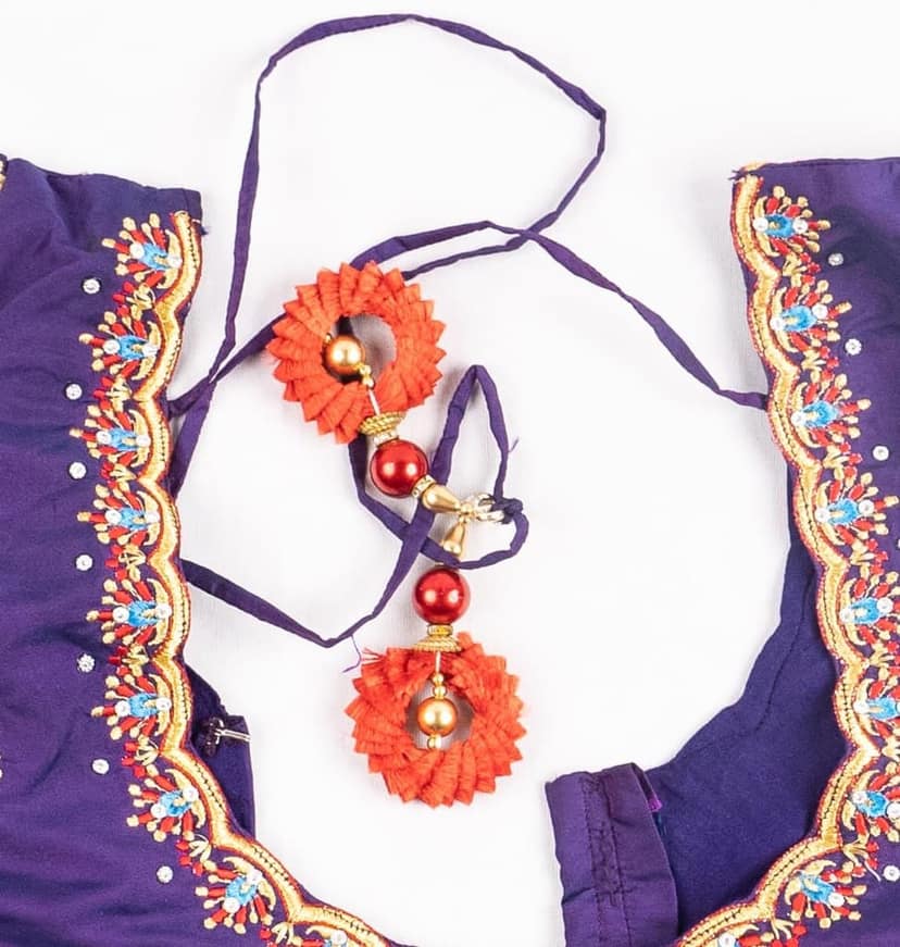 Embroidered Purple Silk Saree Blouse with Zari and Stone Work view 3