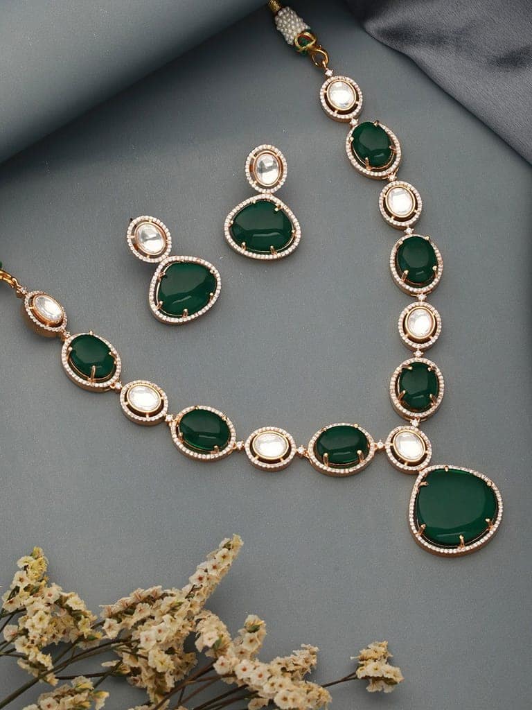 Gold Plated Emerald Green Kundan Studded Designer Luxe Bridal Jewellery Set view 2