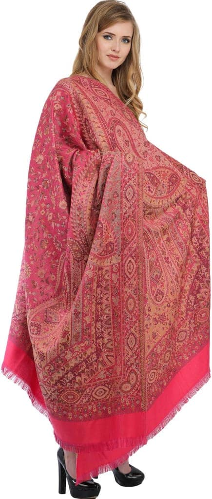Hot-Pink Reversible Jamawar Shawl with Woven Paisleys view 2