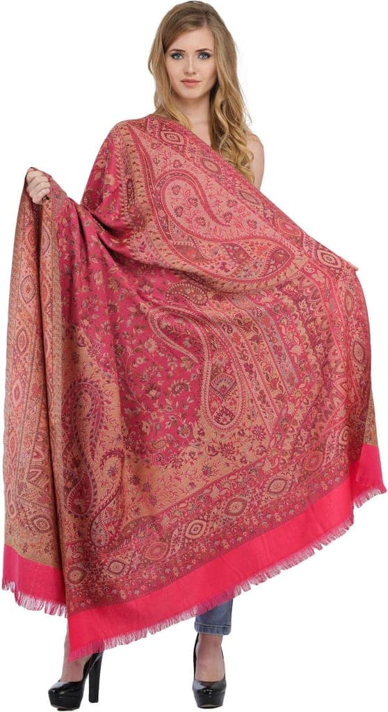 Hot-Pink Reversible Jamawar Shawl with Woven Paisleys view 3