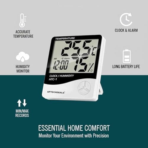 ApTechDeals HTC-1 Digital Hygrometer Thermometer Humidity Meter With Clock LCD Display view 3