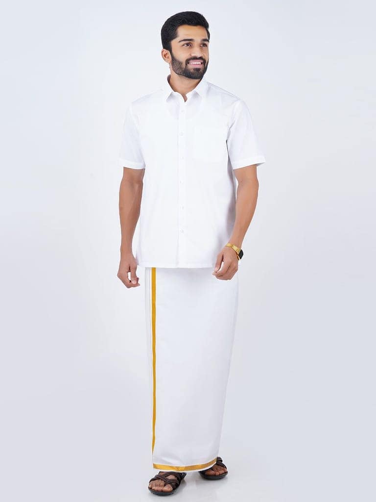 Mens Formal White Shirt with 1/2'' Gold Jari Dhoti Combo