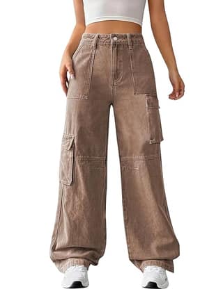 Glossia Fashion Women Cargo Jeans | High Waist Stretchable Wide Leg Straight Fit Denim| Boyfriend Jeans for Women - Brown, 30
