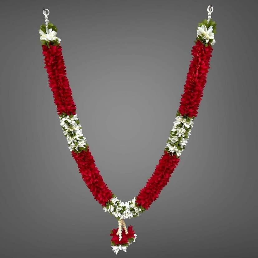 SHREE BALAJI ENTERPRISES Handmade Mala for Photo Frames and God Idols, Garland for Photos of Loved Ones, Traditional Mala for Ancestors and Pitra, Pooja Room | Red and White Color | Pack of 1