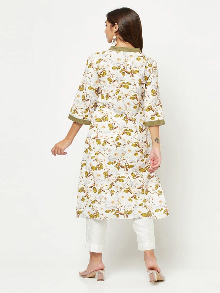 Green And White Floral Kurta view 7