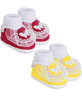 Neska Moda Set of 2 Pair Baby Boys & Baby Girls Butterfly Frill Cotton Booties For 0 to 6 Months (Maroon,Yellow)