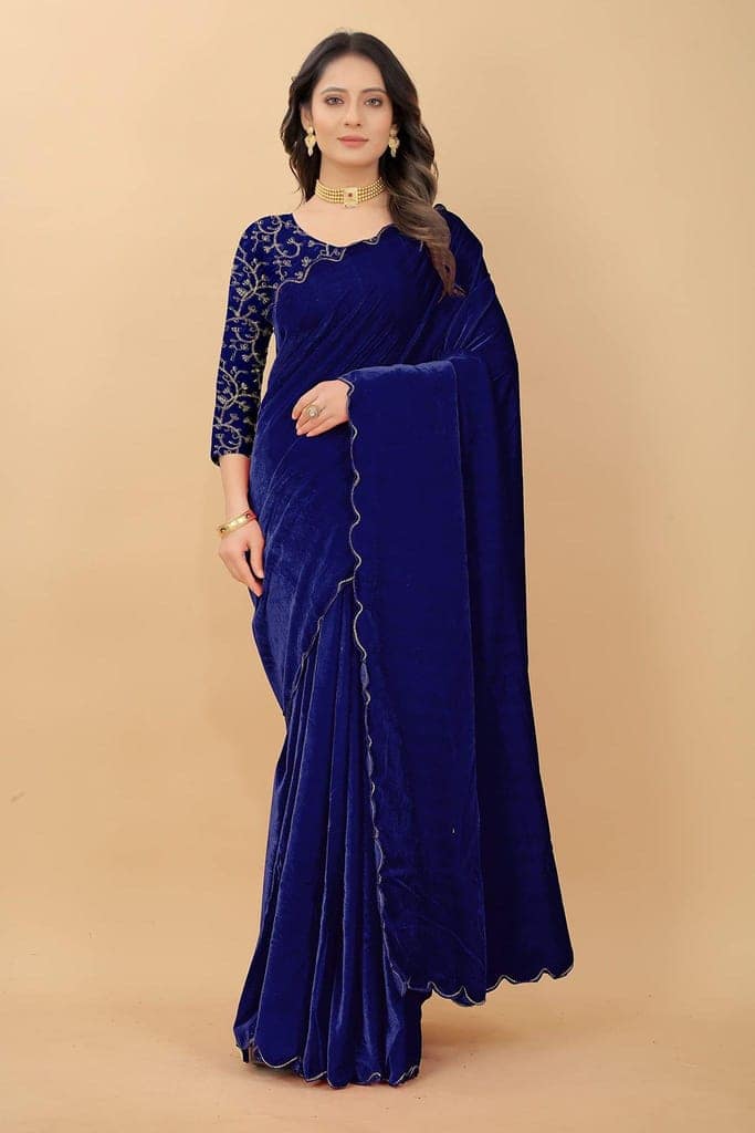 Dream Crushers Women's Cut Work Velvet Saree With Blouse Piece view 10