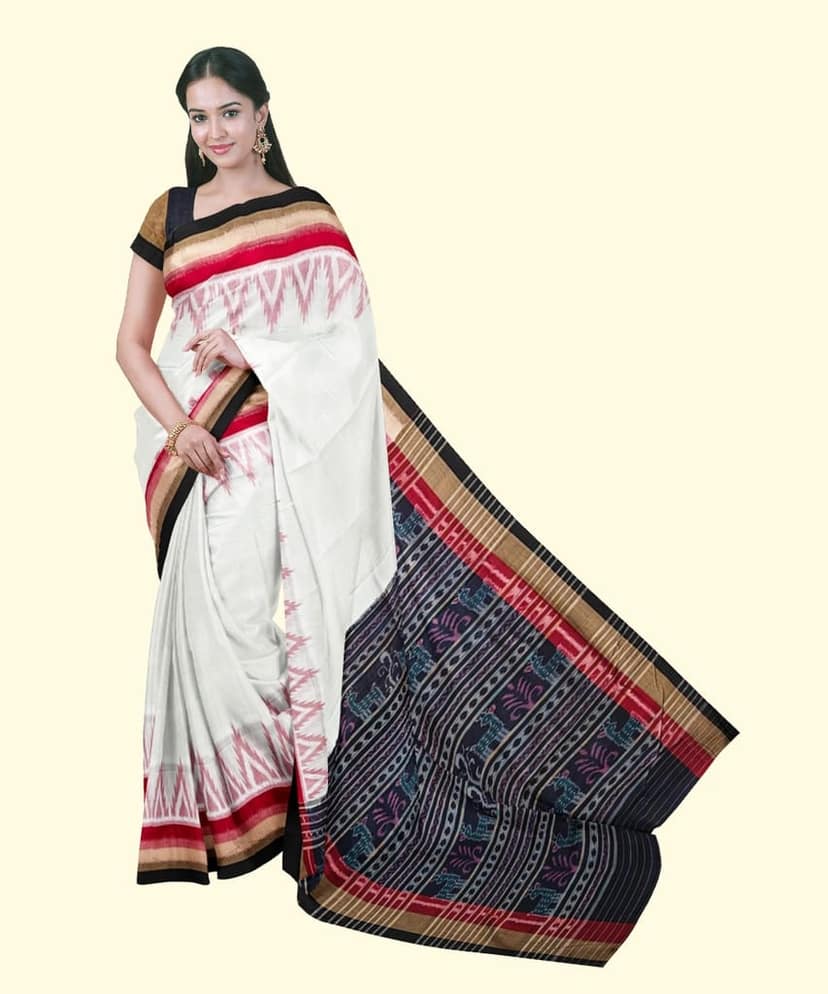White Black Sambalpuri Handwoven Single Ikat Cotton Saree SFCSAR2235
