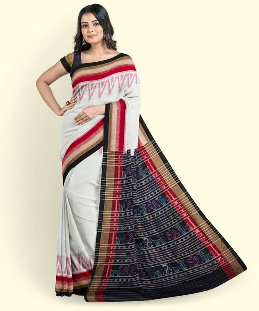 White Black Sambalpuri Handwoven Single Ikat Cotton Saree SFCSAR2235 view 2