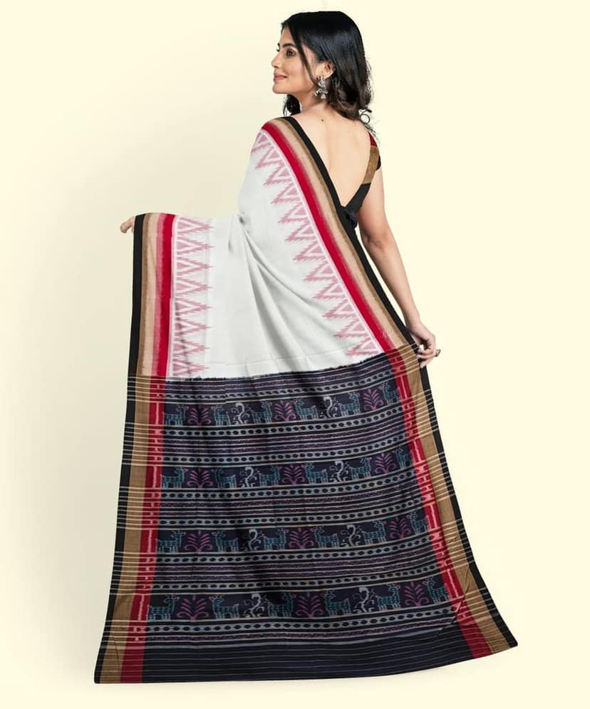 White Black Sambalpuri Handwoven Single Ikat Cotton Saree SFCSAR2235 view 3