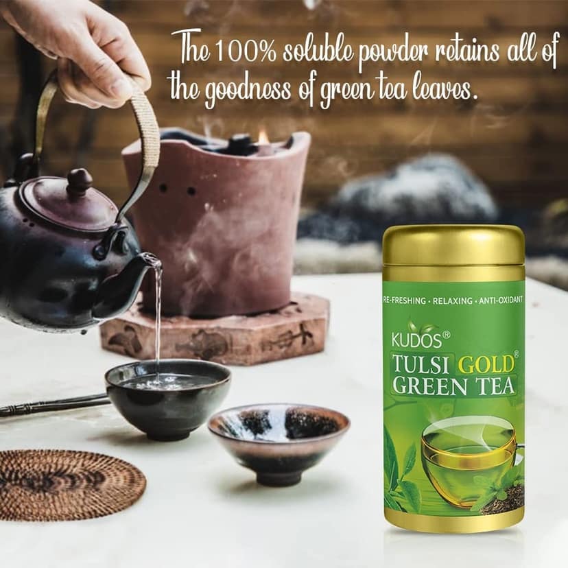 Kudos TULSI GOLD GREEN Refreshing ,Relaxing ,Anti Oxidant Tea: Helps Boost Immunity,Loose Weight,Burn Fat, Zero Calorie Tulsi Tea: 100GM JAR view 4