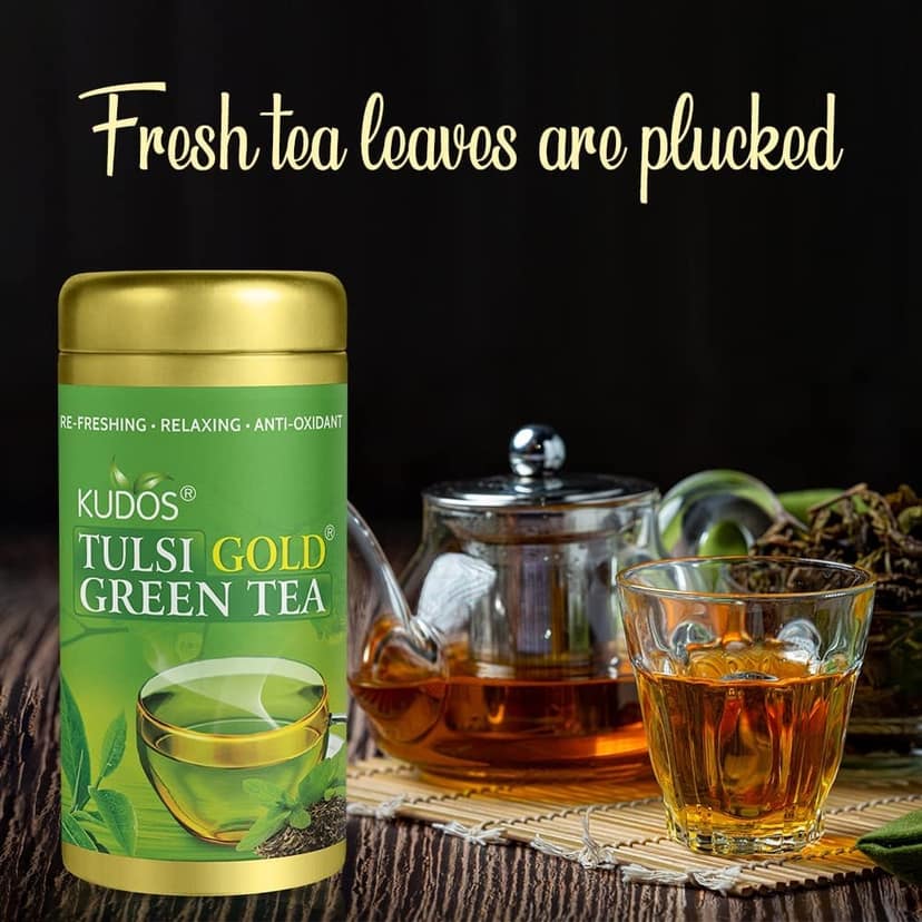Kudos TULSI GOLD GREEN Refreshing ,Relaxing ,Anti Oxidant Tea: Helps Boost Immunity,Loose Weight,Burn Fat, Zero Calorie Tulsi Tea: 100GM JAR view 5