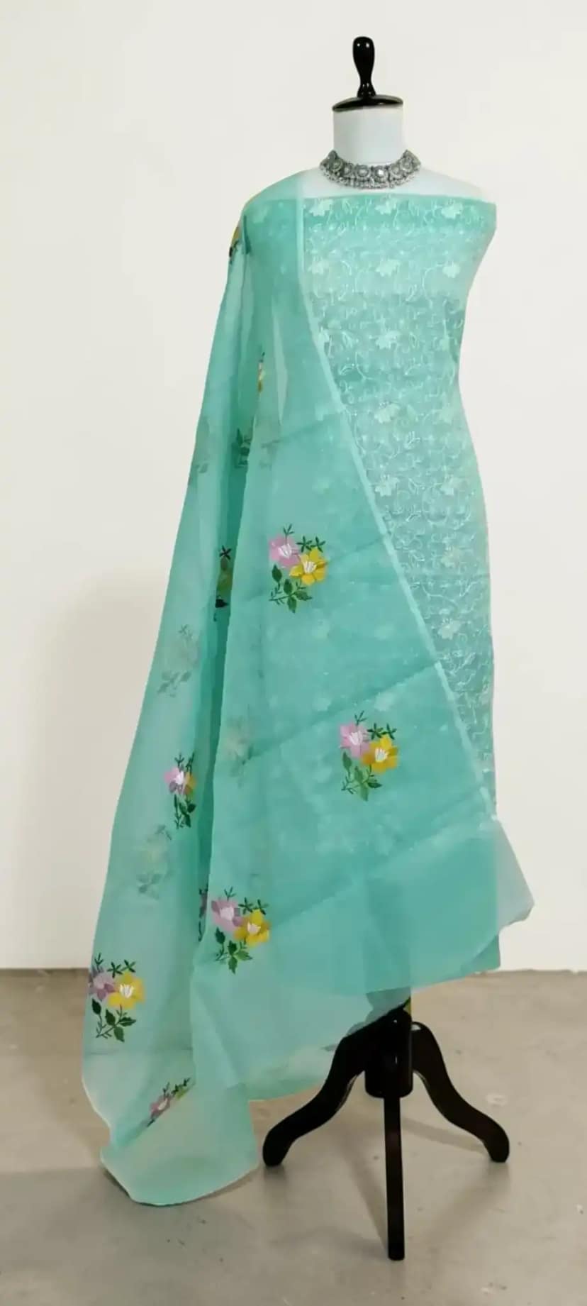 Handwoven Kota Doria Dress Material, Teal Green with Floral Gota Patti