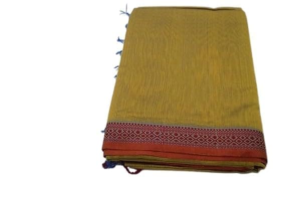 TULIP Traditional Cotton Saree, Yellow with Orange Border, Red Striped Pallu, Tassels, Handloom Style
