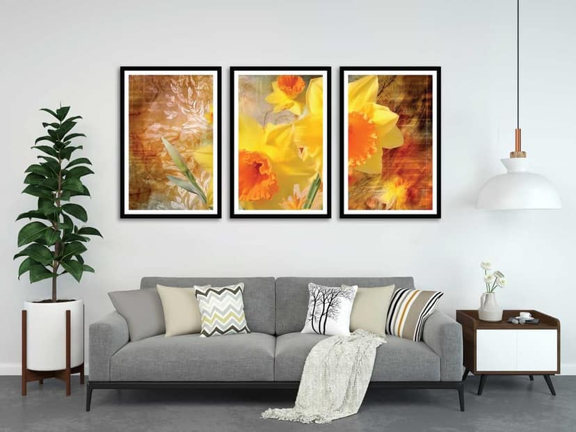 GOLD TROPICAL 3 PIECE PAINTING 48in X 24in WITH BLACK FRAME