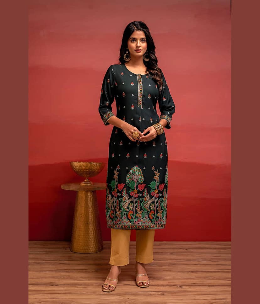 Juniper Women Viscose Embroidered Straight Kurti ( Green )