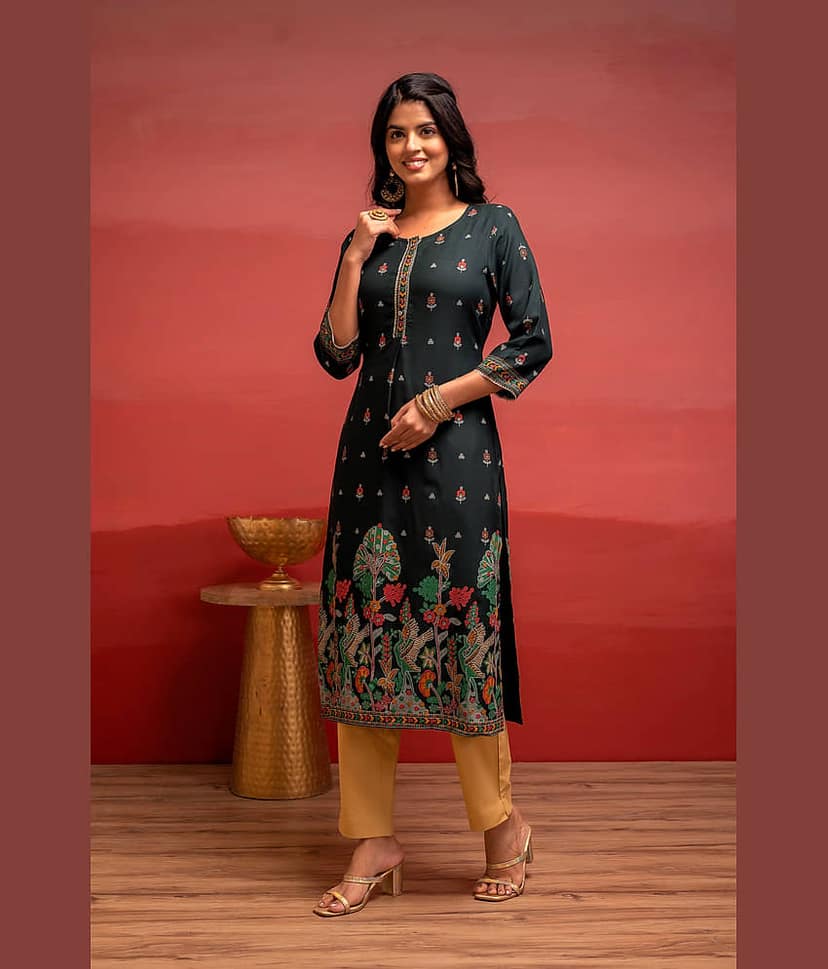 Juniper Women Viscose Embroidered Straight Kurti ( Green ) view 2
