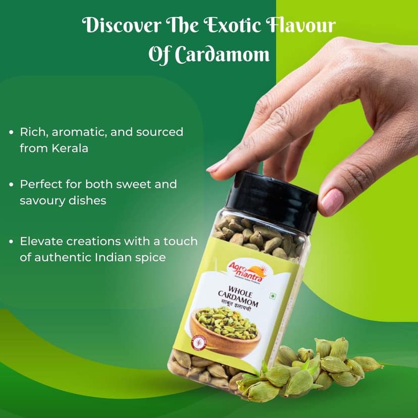 Agro Mantra Whole Cardamom 100g Jar | Rich & Aromatic Green Cardamom | Sourced from Kerala | Perfect for Kheer, Chai, Biryanis & Curries | Fresh & Versatile Indian Spice (pack of 2) view 3