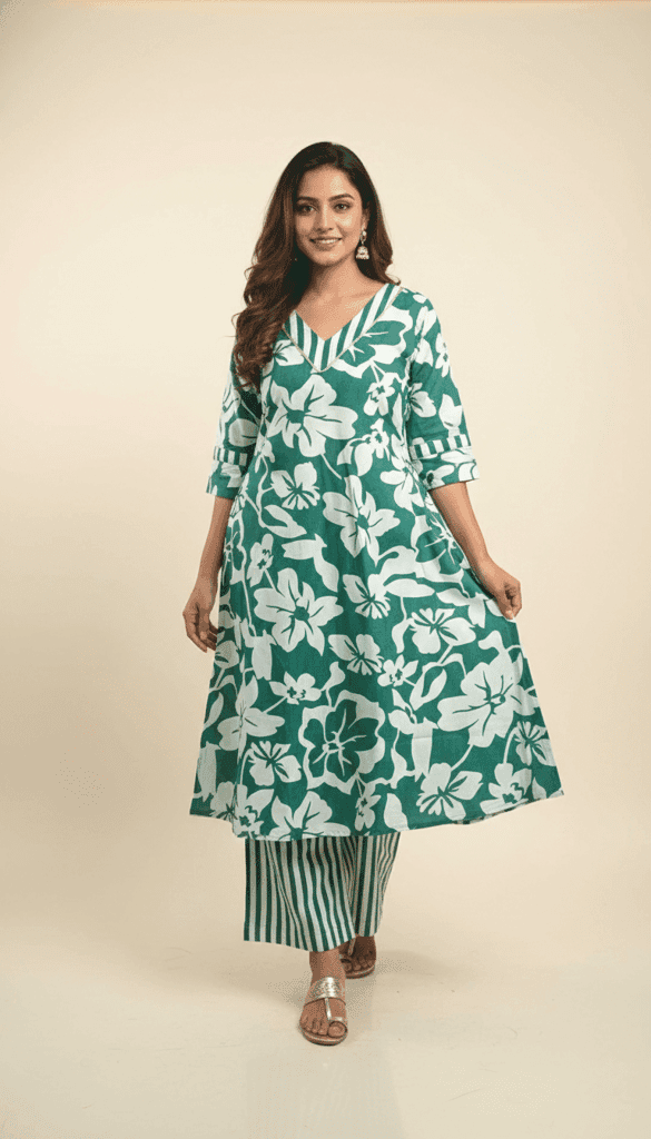 Sea Green Floral Cotton Kurti Pant Set for Women | V-Neck Printed Kurti with Striped Pants | Casual Daily Wear
