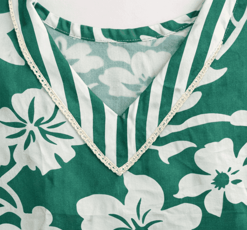 Sea Green Floral Cotton Kurti Pant Set for Women | V-Neck Printed Kurti with Striped Pants | Casual Daily Wear view 3
