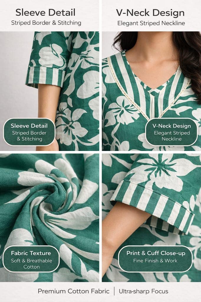 Sea Green Floral Cotton Kurti Pant Set for Women | V-Neck Printed Kurti with Striped Pants | Casual Daily Wear view 4