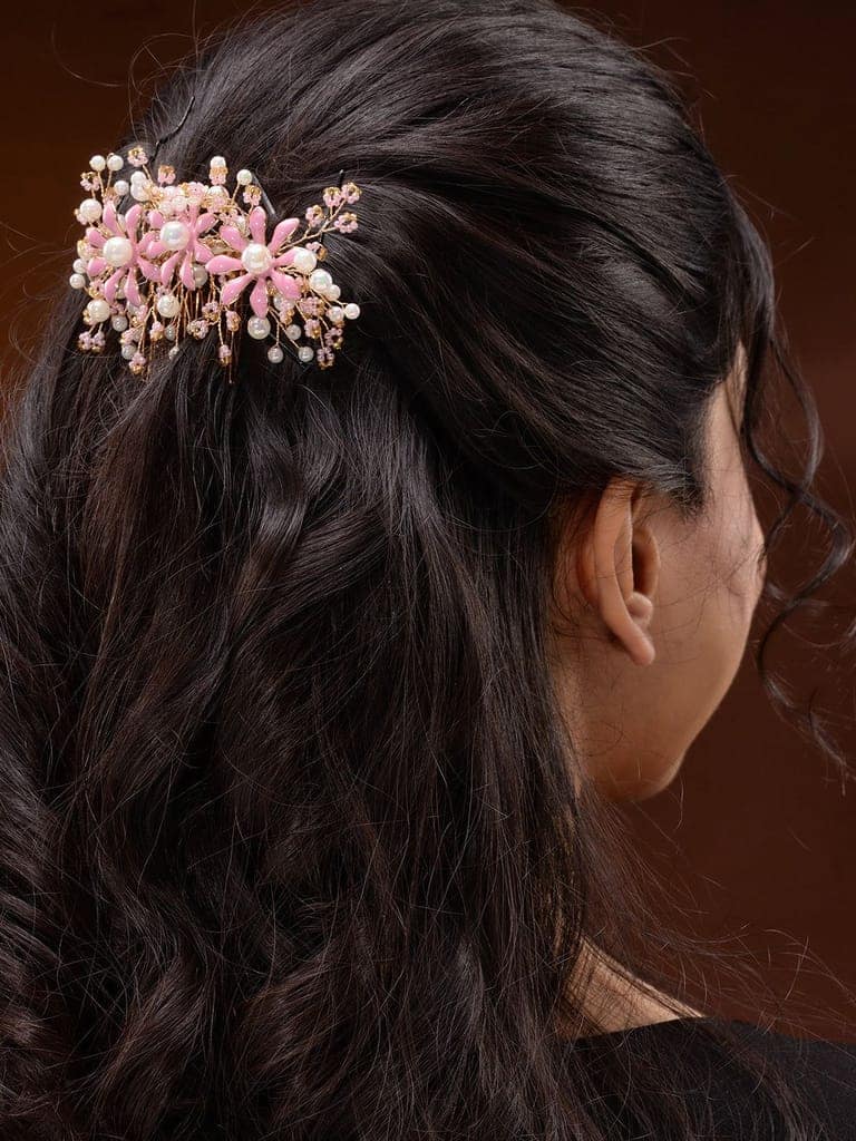 Gold toned Pink Enamelled Flower Tiara Comb Pin view 2