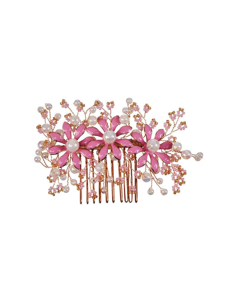 Gold toned Pink Enamelled Flower Tiara Comb Pin view 4