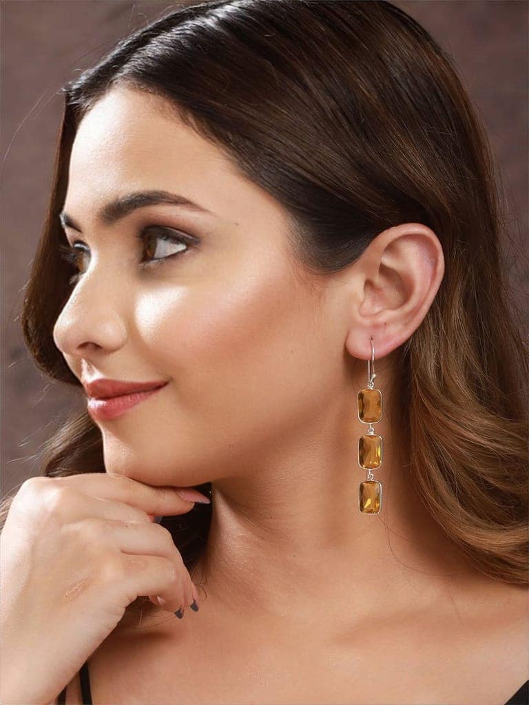 Yellow stone studded Drop Earrings view 2