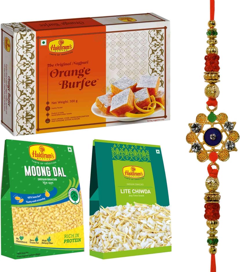 Haldiram's Nagpur Orange Burfee 500g,Moong Dal(200g),Lite Chiwda(200g) With Premium Rakhi Assorted Gift Box (Multicolor)