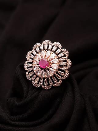 Cardinal Rose Gold Plated Brass Red Stone American Diamond Adjustable Ring