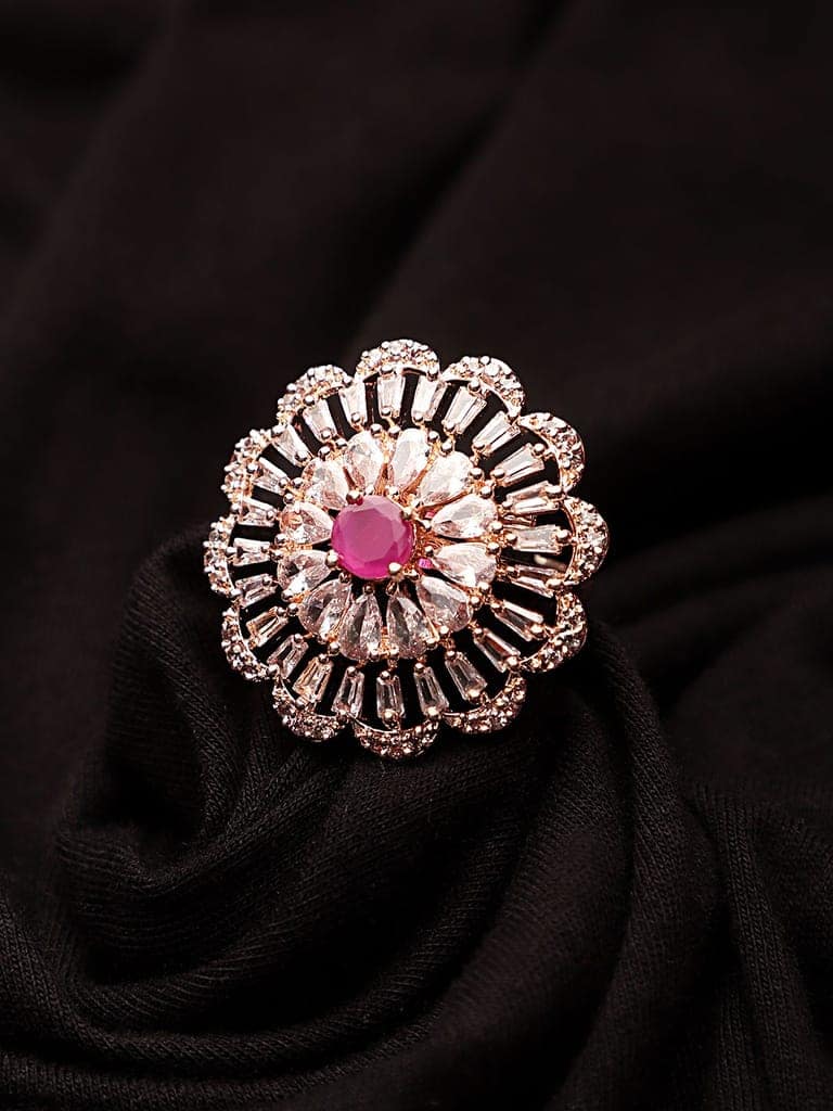 Cardinal Rose Gold Plated Brass Red Stone American Diamond Adjustable Ring