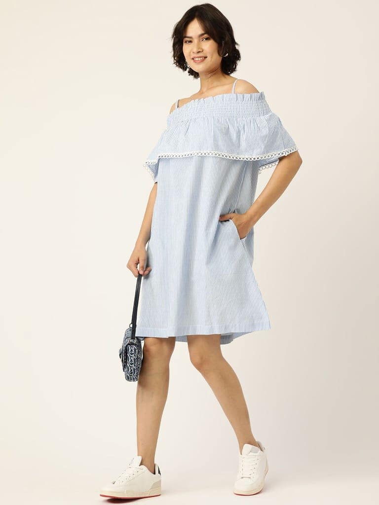Blue & White Pure Cotton Striped Blouson Dress view 5
