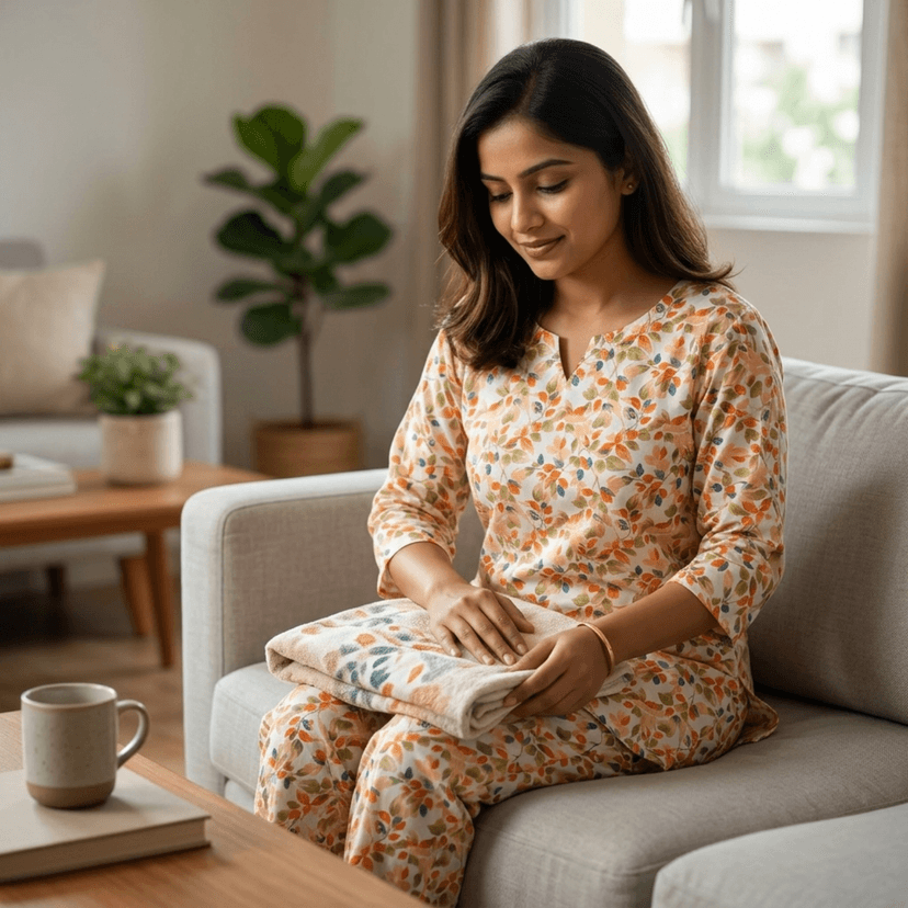 Mom and Me Women's Cotton Floral Print Co-Ord Set, 3/4 Sleeve Kurta with Pyjama, Ethnic Nightwear, Multicolour (Light Orange, XXL) view 3