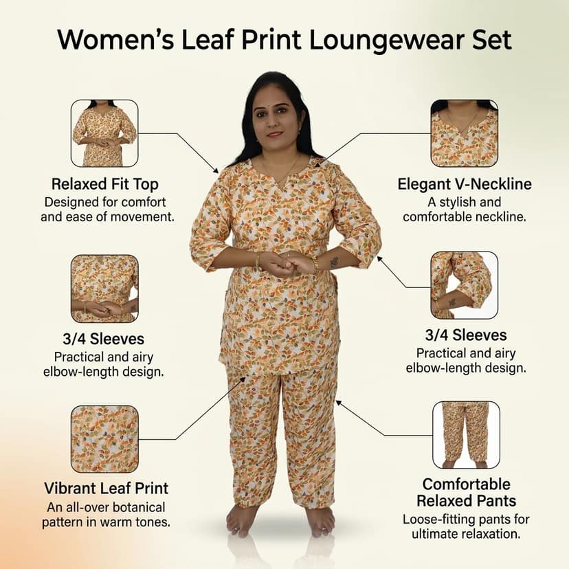 Mom and Me Women's Cotton Floral Print Co-Ord Set, 3/4 Sleeve Kurta with Pyjama, Ethnic Nightwear, Multicolour (Light Orange, XXL) view 4