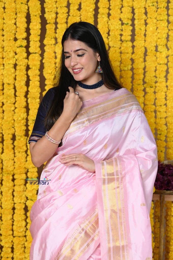 Rajsi~ Handloom Pure Silk Paithani Handcrafted By Senior Weavers with Handcrafted Pallu ~Peach view 3