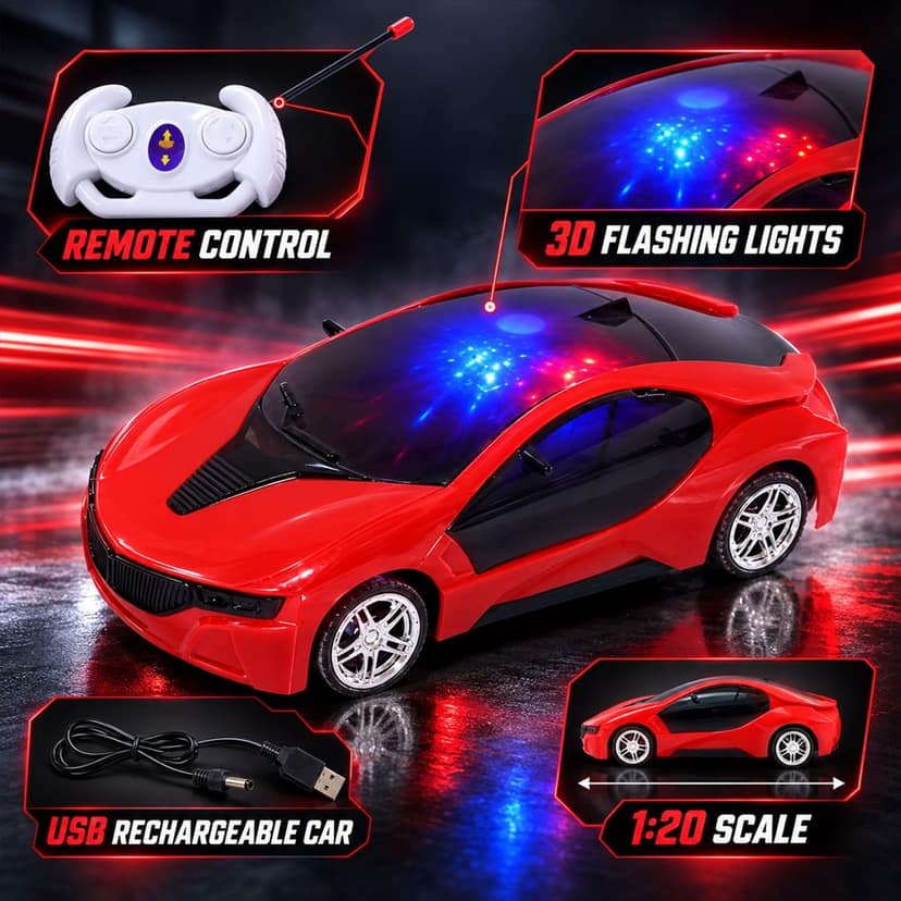 Rechargeable RC Sports Car Toy with 3D Sparkling LED Lights for Kids (1 Pc) view 2