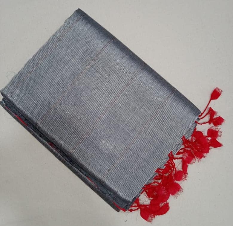 Pure Linen Saree With Blouse Piece, Silver Grey Saree With Red Tassels