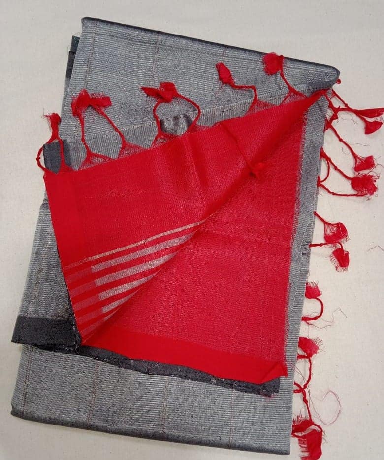 Pure Linen Saree With Blouse Piece, Silver Grey Saree With Red Tassels view 2