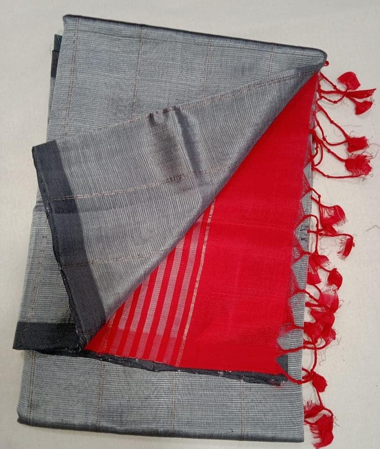 Pure Linen Saree With Blouse Piece, Silver Grey Saree With Red Tassels view 3