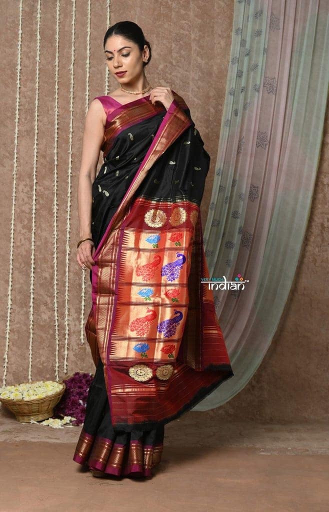 Tyohaar ~ Handloom Pure Silk Paithani Saree with Traditional Peacock Lotus Pallu ~ Black (By Government Certified Weavers)