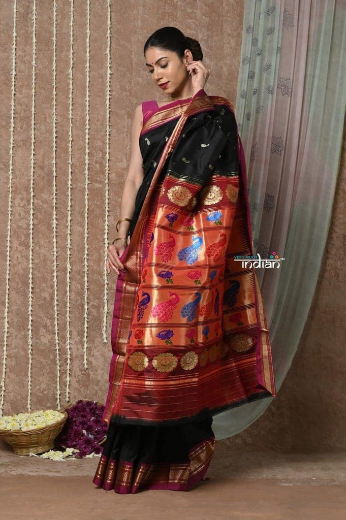 Tyohaar ~ Handloom Pure Silk Paithani Saree with Traditional Peacock Lotus Pallu ~ Black (By Government Certified Weavers) view 2