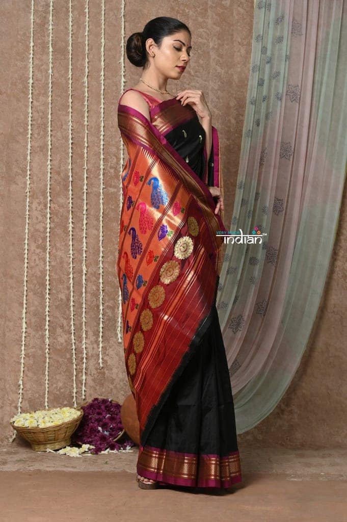 Tyohaar ~ Handloom Pure Silk Paithani Saree with Traditional Peacock Lotus Pallu ~ Black (By Government Certified Weavers) view 4