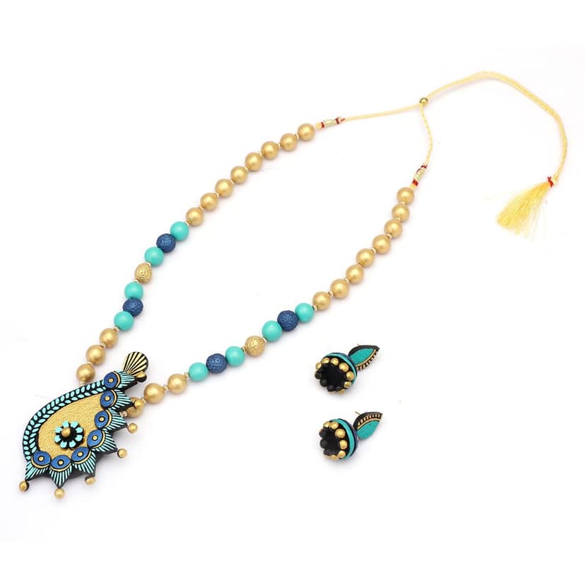 Le bijouxistic EKAM EK Gold and blue pendent design necklace set with earrings for women
