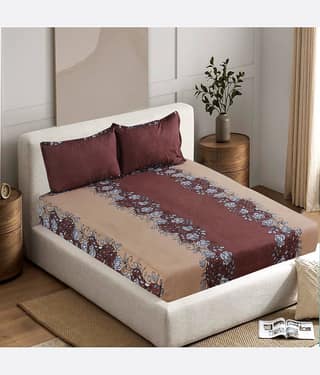 Welhouse India Cotton Abstract 1 Double King Size Bedsheet with 2 Pillow Covers - Beige