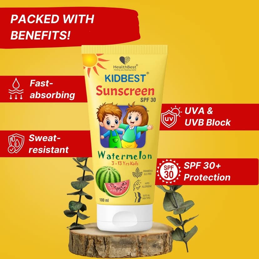 Healthbest Kids Sunscreen SPF 30, PA+++, Tested 100 ml - Cooling Watermelon, Boosts Vitamin D Absorption, Prevents Tanning, Vegan Hydrates All Skin Types view 2
