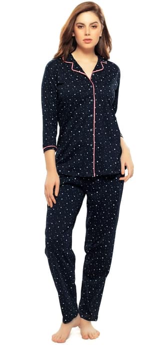 ZEYO Women's Cotton Navy Blue Star Printed Stylish Night suit set