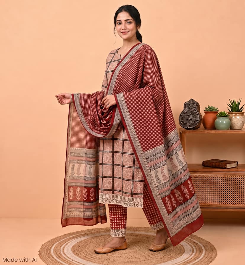 Hand Block Printed Bagh Cotton Suit – 3 Piece Unstitched view 2